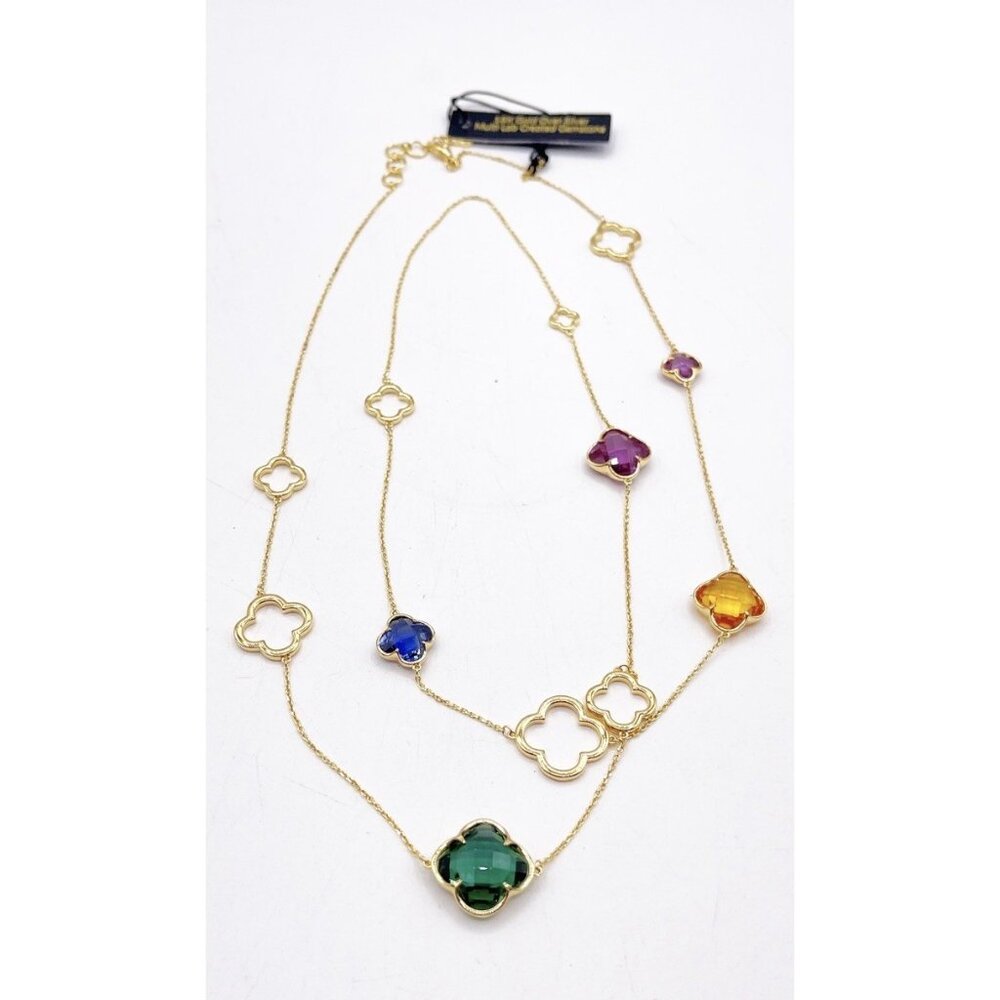 New Sterling Silver Vermeil Multi Color Lab Created Gemstone Station Necklace